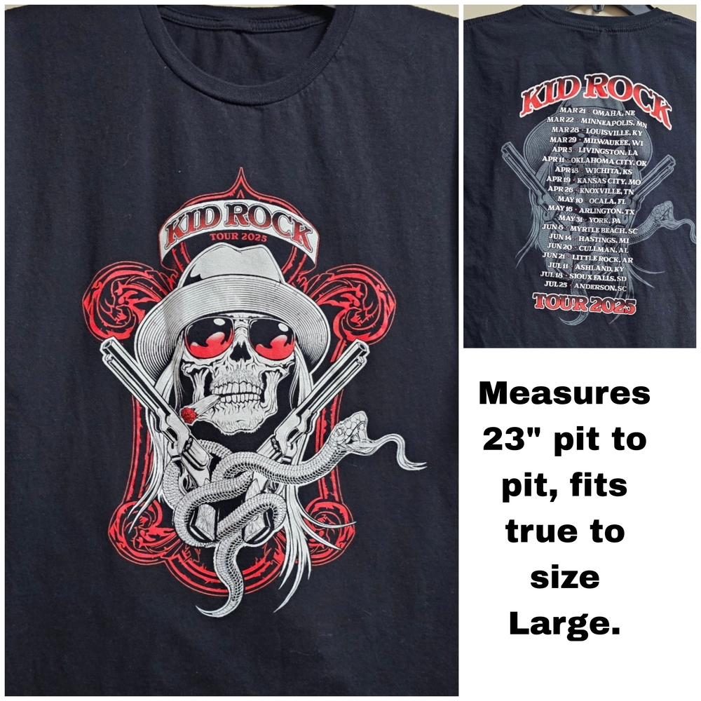 Kid Rock Tour 2025 T-Shirt Men's Black Double Sided Skull Concert Merch Large ?